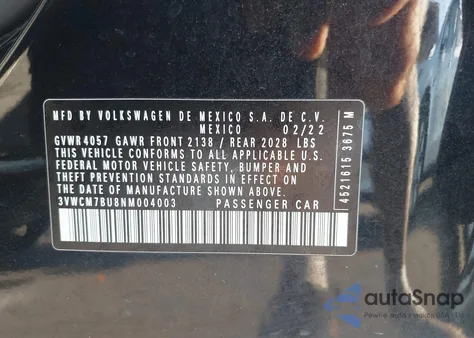 2022 Volkswagen Jetta 1.5T S z USA, uszkodzony, nr VIN 3VWCM7BU8NM004003